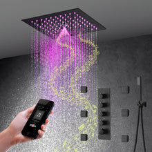Carregar imagem no visualizador da galeria, 12-Inch Flush-Mount Matte Black Thermostatic Shower Faucet: 4-Way Control, 64-Color LED Lighting, Bluetooth Music, Optional Digital Display, and Body Sprayers
