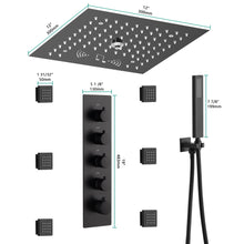 Load image into Gallery viewer, 12-Inch Flush-Mount Matte Black Thermostatic Shower Faucet: 4-Way Control, 64-Color LED Lighting, Bluetooth Music, Optional Digital Display, and Body Sprayers
