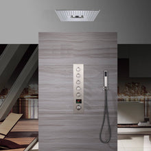 Load image into Gallery viewer, 16-Inch Brushed Nickel Flush Mount Rainfall-Waterfall-Mist Hydro-Water Massage, 5-Way Digital Thermostatic Shower System with 64 LED Lights and Bluetooth Music Integration
