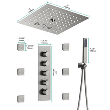 Carregar imagem no visualizador da galeria, 12-Inch Flush-Mount Brushed Nickel Thermostatic Shower Faucet: 4-Way Control, 64-Color LED Lighting, Bluetooth Music, and Body Sprayers
