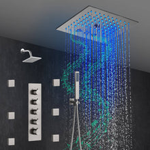 Load image into Gallery viewer, 12-Inch Brushed Nickel Flush Mount Shower Faucet Set: 4-Way Thermostatic Control, 64-Color LED Lights, Bluetooth Music, Body Sprayers, and Regular Head
