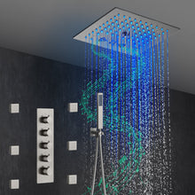 Load image into Gallery viewer, 12-Inch Flush-Mount Brushed Nickel Thermostatic Shower Faucet: 4-Way Control, 64-Color LED Lighting, Bluetooth Music, and Body Sprayers
