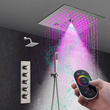 Cargar imagen en el visor de la galería, 12-Inch Flush-Mount Brushed Nickel Thermostatic Shower Faucet: 4-Way Control, 64-Color LED, Bluetooth Music, and Regular Head
