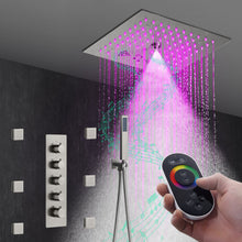 Cargar imagen en el visor de la galería, 12-Inch Flush-Mount Brushed Nickel Thermostatic Shower Faucet: 4-Way Control, 64-Color LED Lighting, Bluetooth Music, and Body Sprayers
