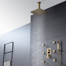 Load image into Gallery viewer, 12-Inch or 16-Inch Brushed Gold Ceiling-Mounted Shower System - Features 3-Way Digital Display Anti-Scald Valve &amp; Includes 6 Body Jets
