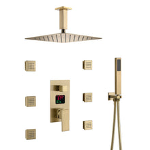 Carregar imagem no visualizador da galeria, 12-Inch or 16-Inch Brushed Gold Ceiling-Mounted Shower System - Features 3-Way Digital Display Anti-Scald Valve &amp; Includes 6 Body Jets

