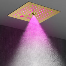 Carregar imagem no visualizador da galeria, 12-Inch Brushed Gold Flush Mount Shower Faucet Set: 4-Way Thermostatic Control, 64-Color LED Lights, Bluetooth Music, and Regular Head
