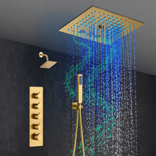 Cargar imagen en el visor de la galería, 12-Inch Brushed Gold Flush Mount Shower Faucet Set: 4-Way Thermostatic Control, 64-Color LED Lights, Bluetooth Music, and Regular Head
