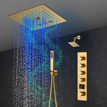 Carregar imagem no visualizador da galeria, 12-Inch Brushed Gold Flush Mount Shower Faucet Set: 4-Way Thermostatic Control, 64-Color LED Lights, Bluetooth Music, and Regular Head
