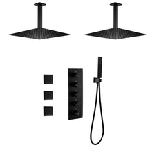Load image into Gallery viewer, 12 inch or 16 inch Matte Black Rainfall or Rainfall Waterfall Shower System - 4-Way Thermostatic Rough-in Valve with Invigorating Body Jets
