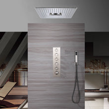 Load image into Gallery viewer, 16-Inch Brushed Nickel Flush Mount Rainfall-Waterfall-Mist Hydro-Water Massage, 5-Way Digital Thermostatic Shower System with 64 LED Lights and Bluetooth Music Integration
