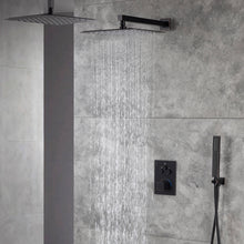 Load image into Gallery viewer, 12-Inch Non-LED Light Ceiling Mounted Oil Rubbed Bronze 3-Way Thermostatic Shower Faucet System with Wall Mount 12-Inch Rainfall Shower Head

