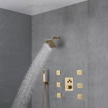 Cargar imagen en el visor de la galería, 12&#39;&#39; or 6&#39;&#39; Brushed Gold Wall-Mounted 3-Way Thermostatic Shower System with Body Jets - Simultaneous and Separate Functionality
