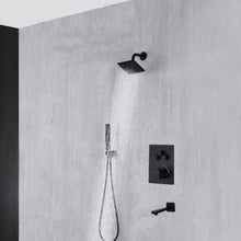 Load image into Gallery viewer, 12-inch or 16-inch Wall Mount Matte Black Rain Shower Head with Thermostatic Faucet and Tub Spout - Immerse in a Blissful Shower Experience
