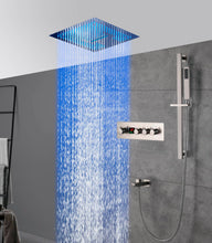 Load image into Gallery viewer, 16-Inch Brushed Nickel Digital Thermostatic Shower System: 3-Way Control, Flush-Mounted, 64-Color LED Lighting, Bluetooth Music, Rainfall &amp; Waterfall Features
