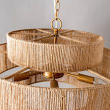 Carregar imagem no visualizador da galeria, Bohemian Antique Gold 6-Light Drum Downrod Mount with Natural Rope Shade
