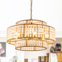 Load image into Gallery viewer, 6-Light Antique Gold Farmhouse Drum Beaded Chandelier with Rope Accents
