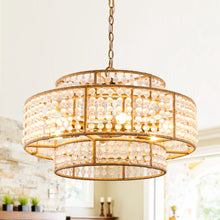 Cargar imagen en el visor de la galería, 6-Light Antique Gold Farmhouse Drum Beaded Chandelier with Rope Accents
