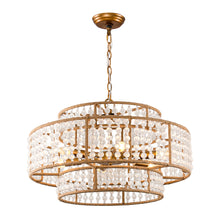 Cargar imagen en el visor de la galería, 6-Light Antique Gold Farmhouse Drum Beaded Chandelier with Rope Accents
