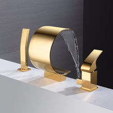 Carregar imagem no visualizador da galeria, Polished Gold Bathtub Faucet Waterfall Mixer Faucet with Hand Shower Deck Mount

