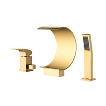 Carregar imagem no visualizador da galeria, Polished Gold Bathtub Faucet Waterfall Mixer Faucet with Hand Shower Deck Mount
