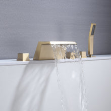 Carregar imagem no visualizador da galeria, Waterfall Tub Filler Bathtub Faucet Brushed Gold 5-Hole 3-Handle Solid Brass Bathroom Bath Tub Faucets Mixer Tap with Hand Shower

