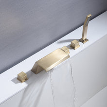 Carregar imagem no visualizador da galeria, Waterfall Tub Filler Bathtub Faucet Brushed Gold 5-Hole 3-Handle Solid Brass Bathroom Bath Tub Faucets Mixer Tap with Hand Shower

