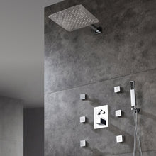 Load image into Gallery viewer, 12-Inch or 16-Inch Chrome Thermostatic Shower System with Optional LED Light - Features 3-Way Functionality &amp; Includes 6 Body Jets for Simultaneous and Separate Operation
