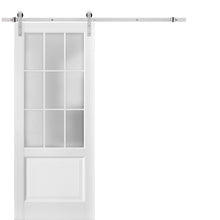 Carregar imagem no visualizador da galeria, Felicia 3309 Matte White Barn Door with 9 Lites Frosted Glass and Silver Finish Rail
