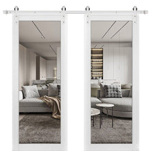 Cargar imagen en el visor de la galería, Lucia 2166 Matte White Double Barn Door with Clear Glass | Silver Finish Rail
