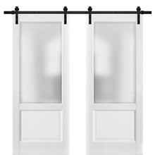 Carregar imagem no visualizador da galeria, Lucia 22 White Silk Double Barn Door with Frosted Glass and Black Rail
