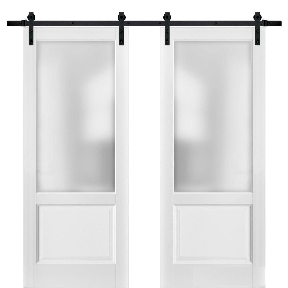 Lucia 22 White Silk Double Barn Door with Frosted Glass and Black Rail