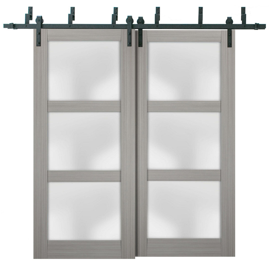 Lucia 2552 Grey Ash Double Barn Door with Frosted Glass | Black Bypass Rails