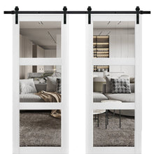 Carregar imagem no visualizador da galeria, Lucia 2555 Matte White Double Barn Door with Clear Glass 3 Lites | Black Rail
