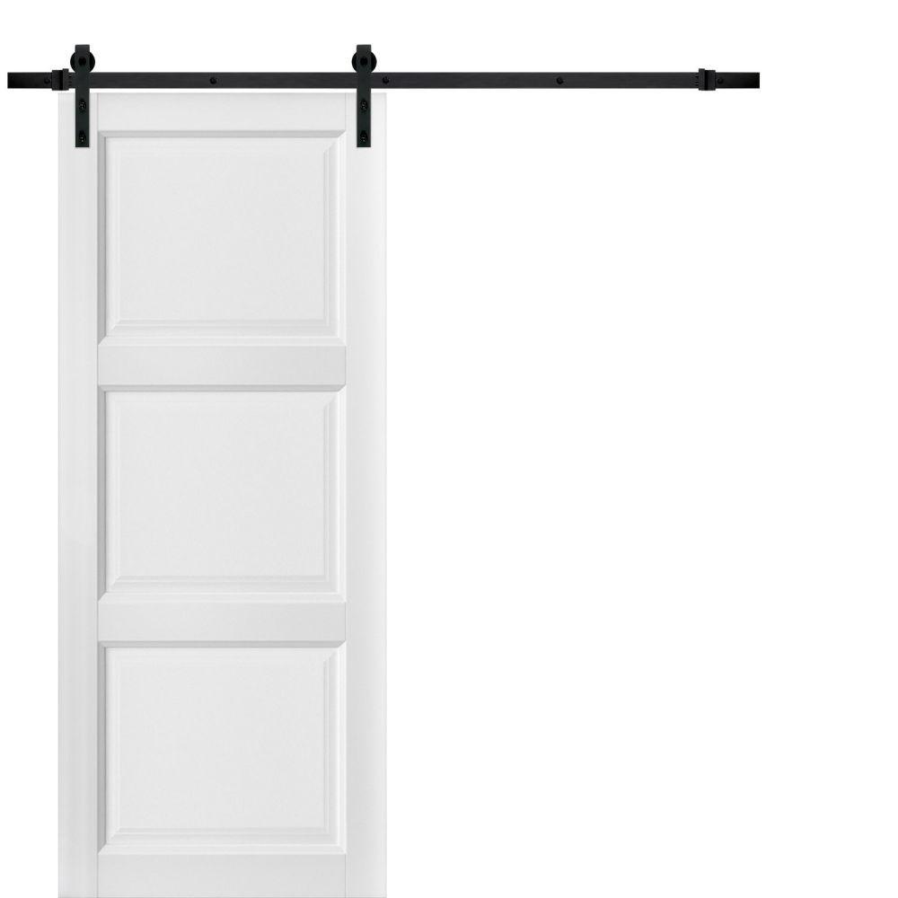 Lucia 2661 White Silk 3 Panel Barn Door with Black Hardware