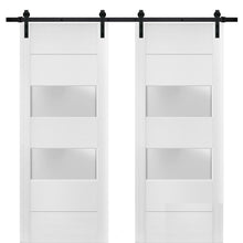 Carregar imagem no visualizador da galeria, Lucia 4010 Matte White Double Barn Door with 2 Lites Frosted Glass | Black Rail
