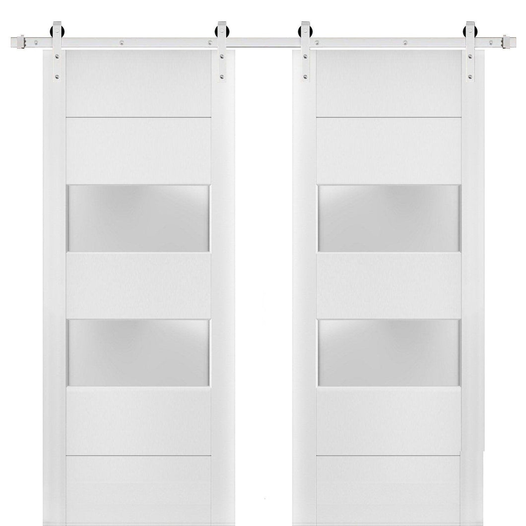 Lucia 4010 Matte White Double Barn Door with 2 Lites Frosted Glass | Silver Finish Rail