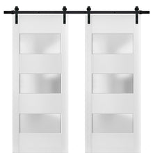 Carregar imagem no visualizador da galeria, Lucia 4070 Matte White Double Barn Door with 3 Lites Frosted Glass | Black Rail
