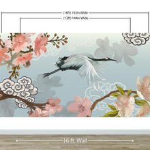 Carregar imagem no visualizador da galeria, Manchurian Crane Flying Over Cherry Blossoms Peel and Stick Wallpaper | Removable Wall Mural. #6205
