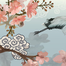 Carregar imagem no visualizador da galeria, Manchurian Crane Flying Over Cherry Blossoms Peel and Stick Wallpaper | Removable Wall Mural. #6205
