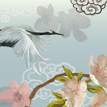 Cargar imagen en el visor de la galería, Manchurian Crane Flying Over Cherry Blossoms Peel and Stick Wallpaper | Removable Wall Mural. #6205
