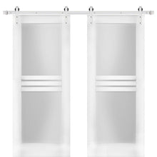 Carregar imagem no visualizador da galeria, Mela 7222 White Silk Double Barn Door with 4 Lites Frosted Glass | Silver Finish Rail
