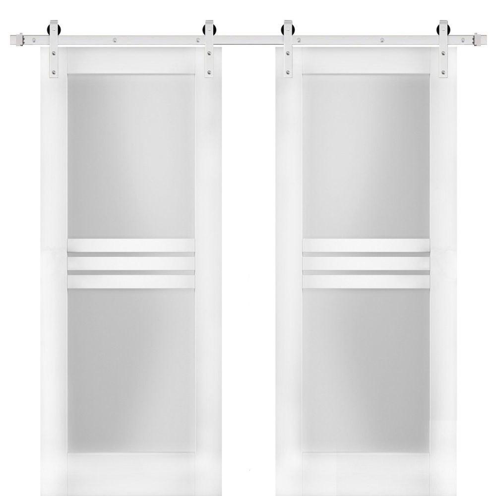 Mela 7222 White Silk Double Barn Door with 4 Lites Frosted Glass | Silver Finish Rail