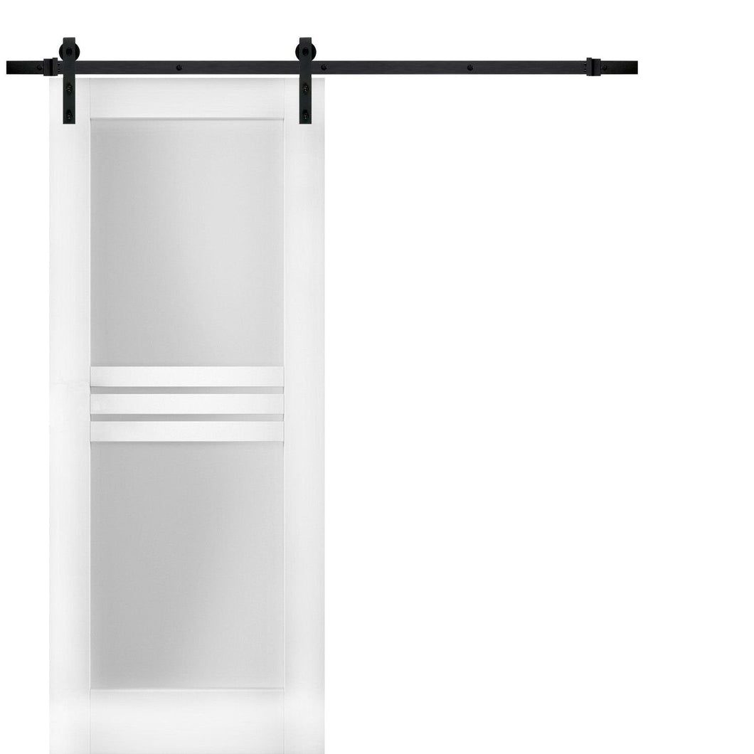 Mela 7222 White Silk Barn Door with 4 Lites Frosted Glass and Black Rail