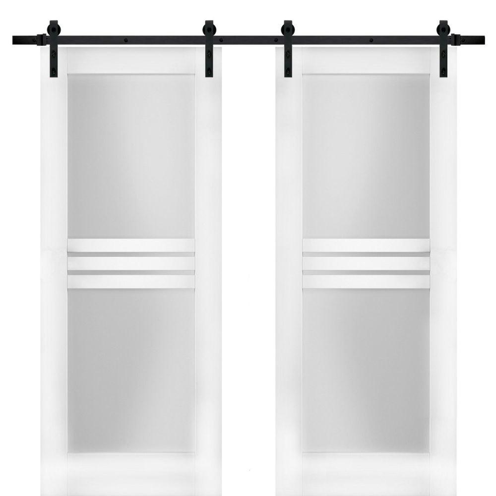 Mela 7222 White Silk Double Barn Door with 4 Lites Frosted Glass | Black Rail