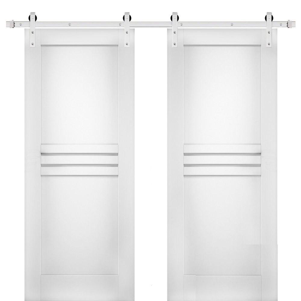 Mela 7444 White Silk Double Barn Door | Silver Finish Rail