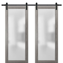 Carregar imagem no visualizador da galeria, Planum 2102 Ginger Ash Double Barn Door with Frosted Glass | Black Rail
