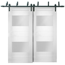 Cargar imagen en el visor de la galería, Sete 6222 White Silk Barn Doors with 2 Lites Frosted Glass | Black Bypass Rails
