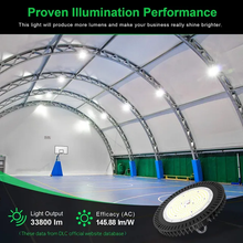 Carregar imagem no visualizador da galeria, 150W UFO LED Industrial High Bay Light for Warehouse with 21,000 Lumens, 5000K Daylight White, Dimmable (0-10V), Black Finish - UL &amp; DLC Listed
