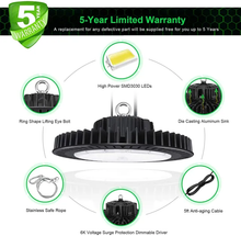 Load image into Gallery viewer, 150W UFO LED Industrial High Bay Light for Warehouse with 21,000 Lumens, 5000K Daylight White, Dimmable (0-10V), Black Finish - UL &amp; DLC Listed
